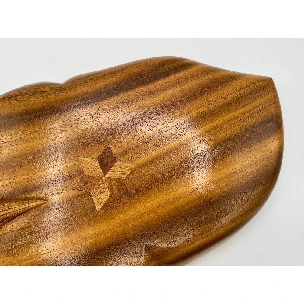 Vintage Hand Carved Monkey Pod Wood Leaf Divided Serving Tray Mid Century Tiki